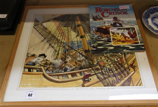 John Worsley(1919-2000), w/c Original illustration for Robinson Crusoe, and signed copy of book